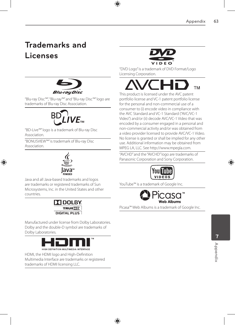 Language code list, Trademarks and licenses | LG BD530 User Manual | Page 63 / 72