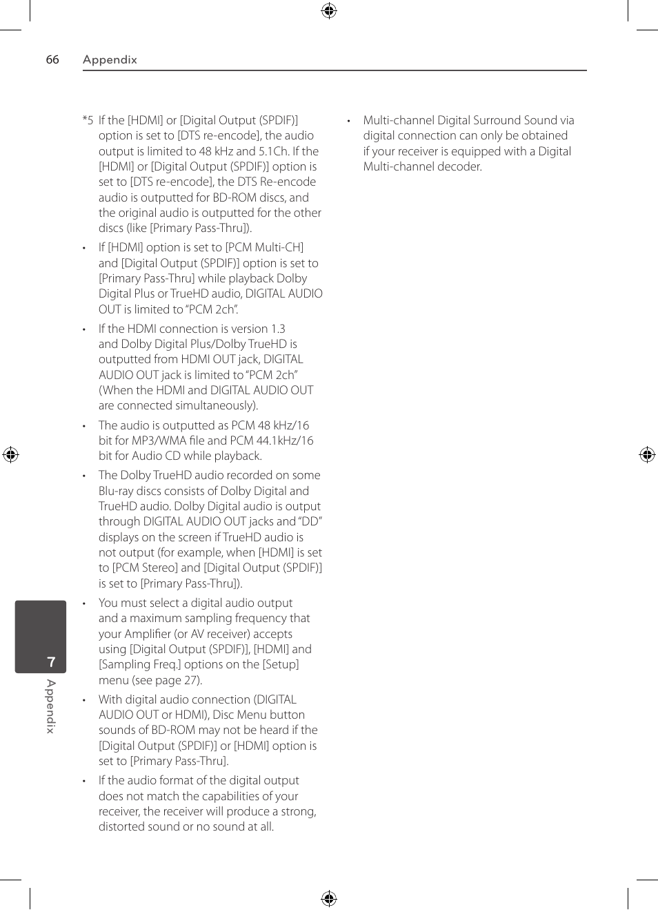 Audio output specifications | LG BD530 User Manual | Page 66 / 72