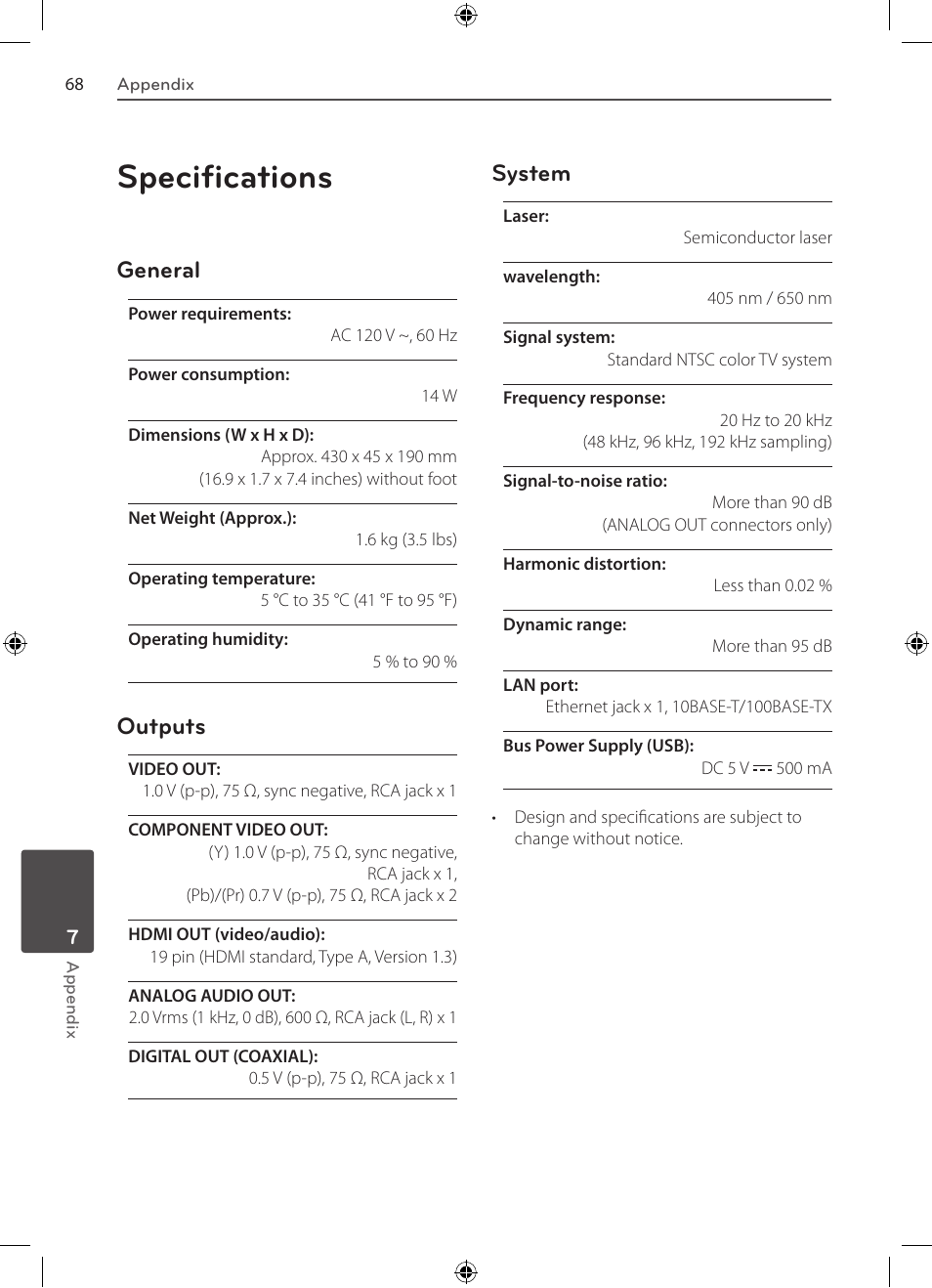 Video output resolution, Specifications, General | Outputs, System | LG BD530 User Manual | Page 68 / 72