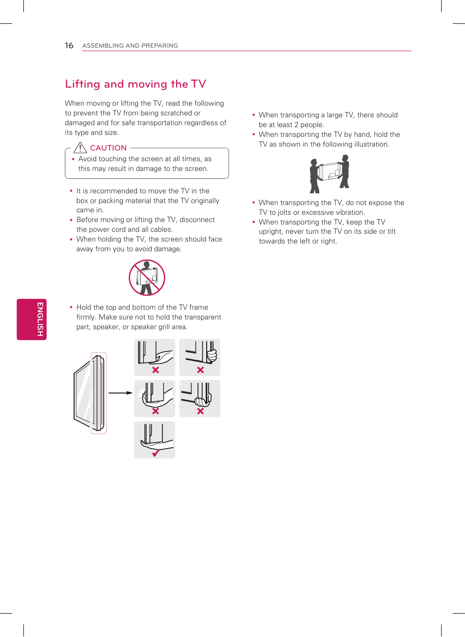 Lifting and moving the tv | LG 32LM6200 User Manual | Page 16 / 44