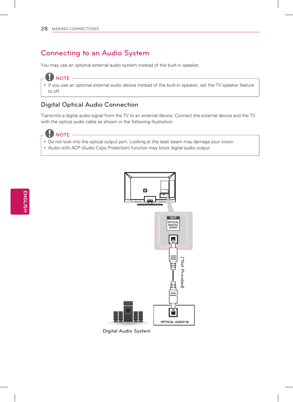 Connecting to an audio system, Digital optical audio connection | LG 32LM6200 User Manual | Page 28 / 44