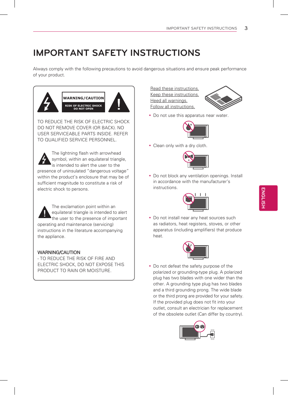 Important safety instructions, English | LG 32LM6200 User Manual | Page 3 / 44