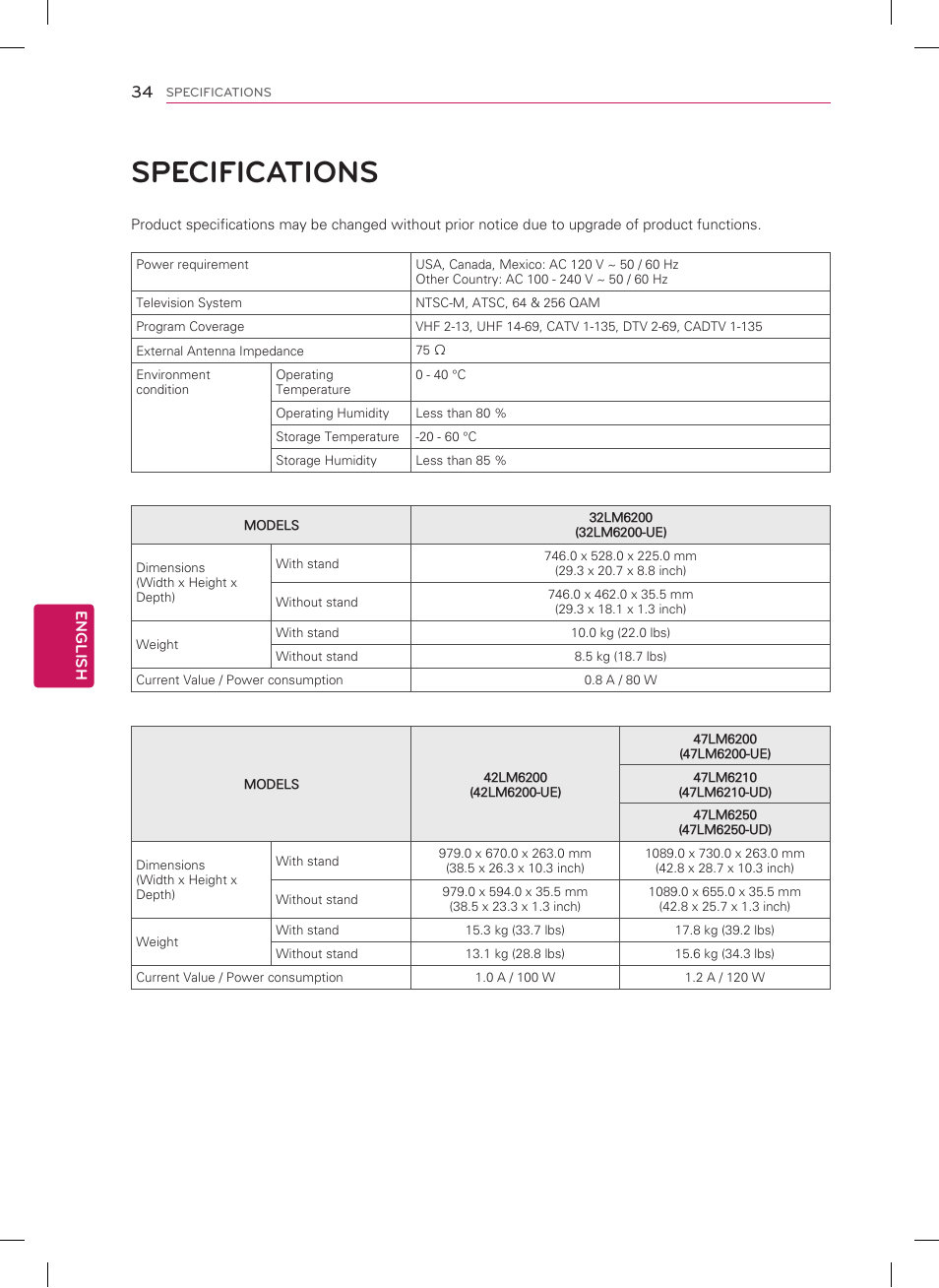Specifications | LG 32LM6200 User Manual | Page 34 / 44