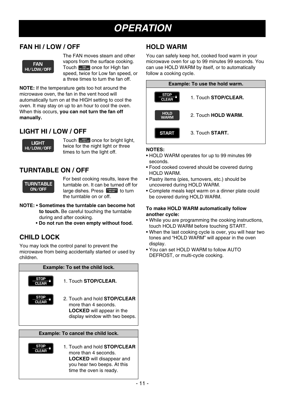 Operation, Fan hi / low / off, Light hi / low / off | Turntable on / off, Child lock, Hold warm | LG MV1604ST User Manual | Page 11 / 32