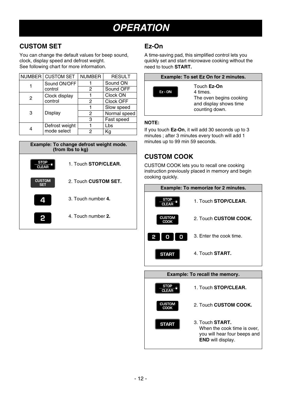 Operation, Custom set, Ez-on | Custom cook | LG MV1604ST User Manual | Page 12 / 32