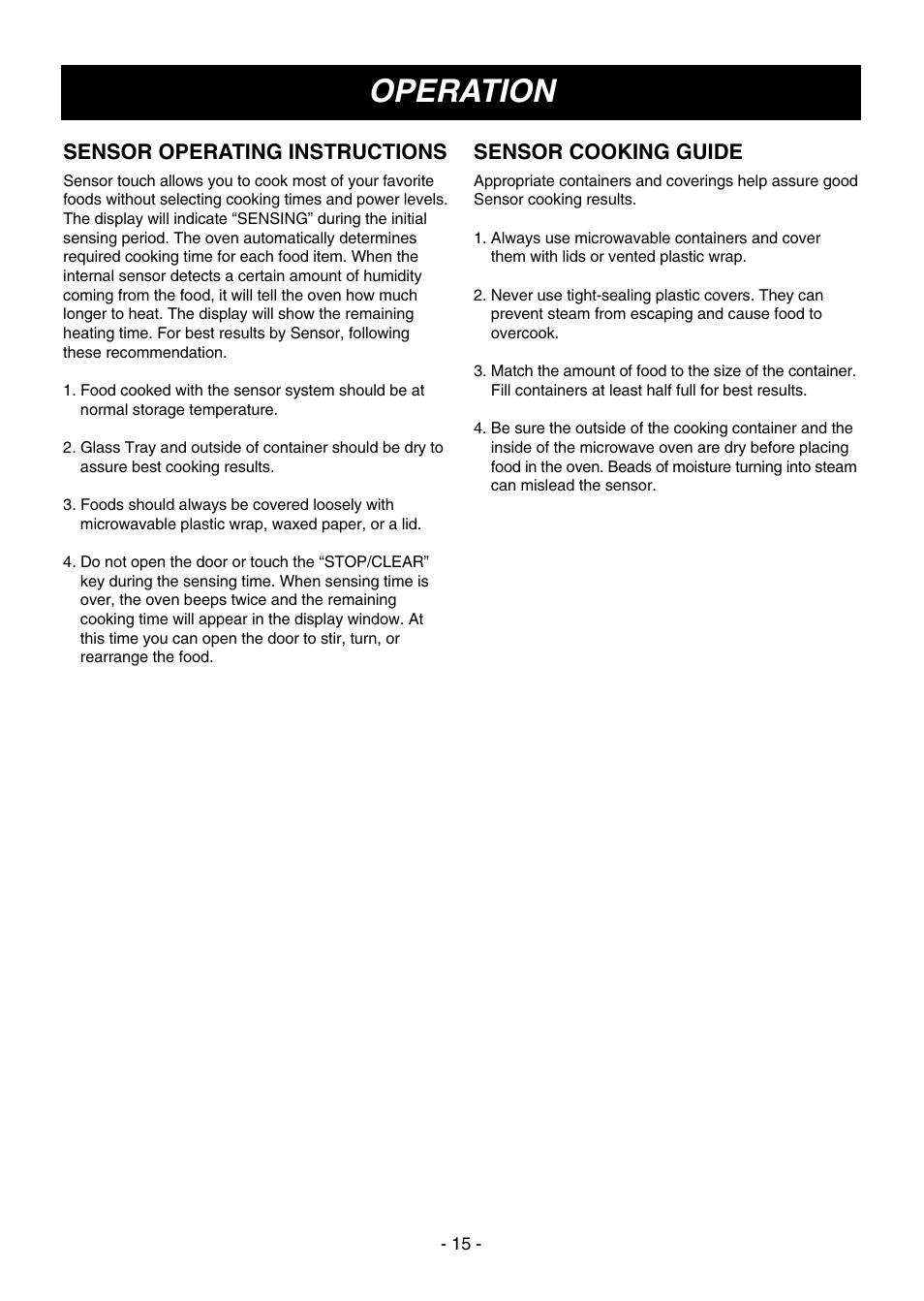 Operation, Sensor operating instructions, Sensor cooking guide | LG MV1604ST User Manual | Page 15 / 32