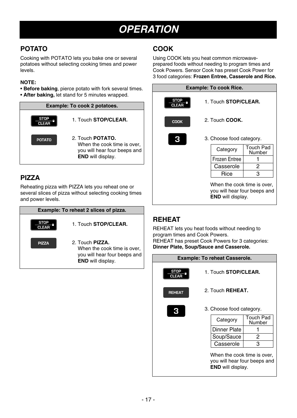Operation, Potato, Pizza | Cook, Reheat | LG MV1604ST User Manual | Page 17 / 32