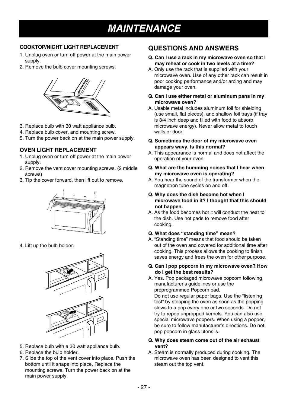 Maintenance, Questions and answers | LG MV1604ST User Manual | Page 27 / 32