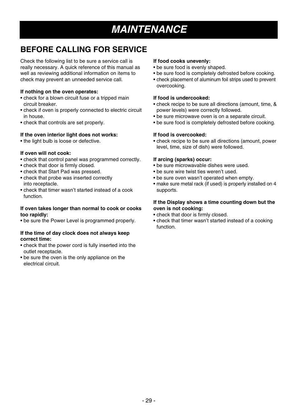Maintenance, Before calling for service | LG MV1604ST User Manual | Page 29 / 32