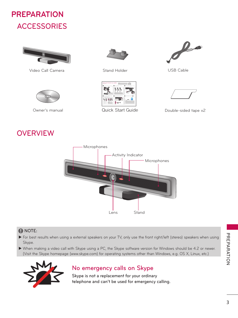 Preparation, Accessories, Overview | No emergency calls on skype, Prep ar ation | LG AN-VC100 User Manual | Page 3 / 13