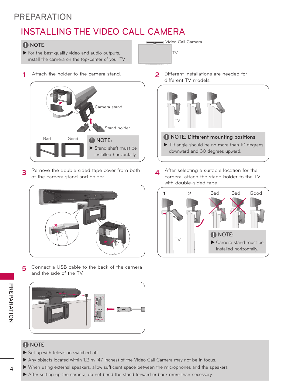 Installing the video call camera, Preparation, Prep ar ation | LG AN-VC100 User Manual | Page 4 / 13