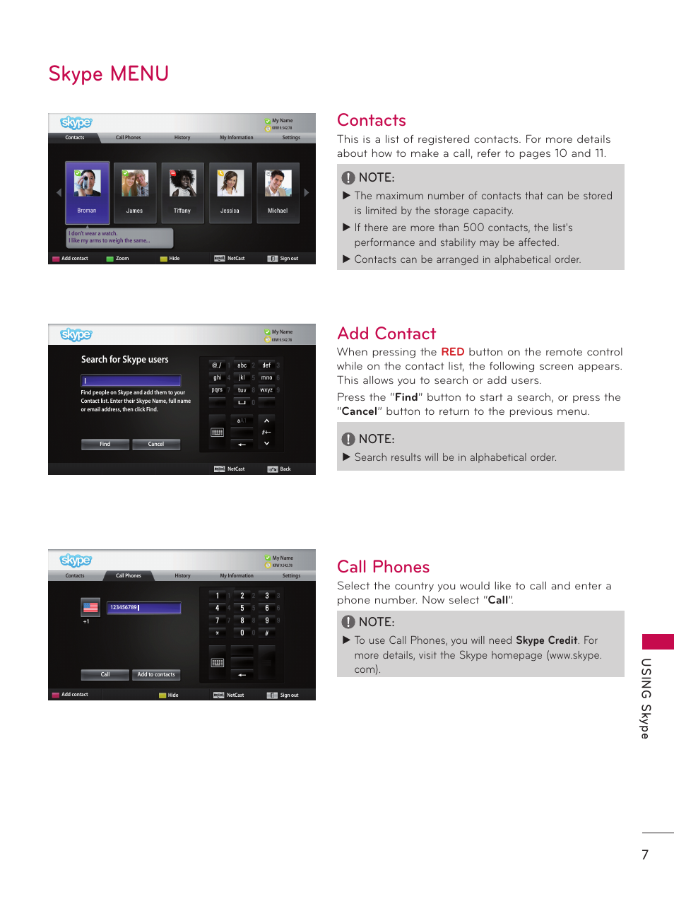Skype menu, Contacts, Call phones | Add contact, Using skype | LG AN-VC100 User Manual | Page 7 / 13