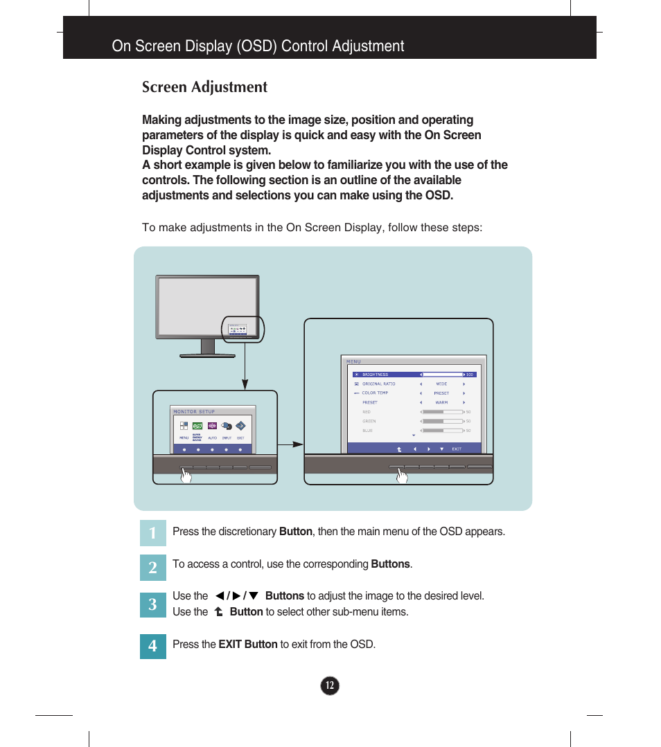 On screen display (osd) control adjustment, Screen adjustment | LG EW224T-PN User Manual | Page 13 / 28