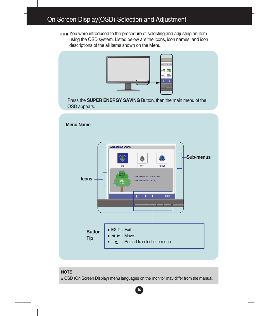 Super energy saving, On screen display(osd) selection and adjustment | LG EW224T-PN User Manual | Page 17 / 28