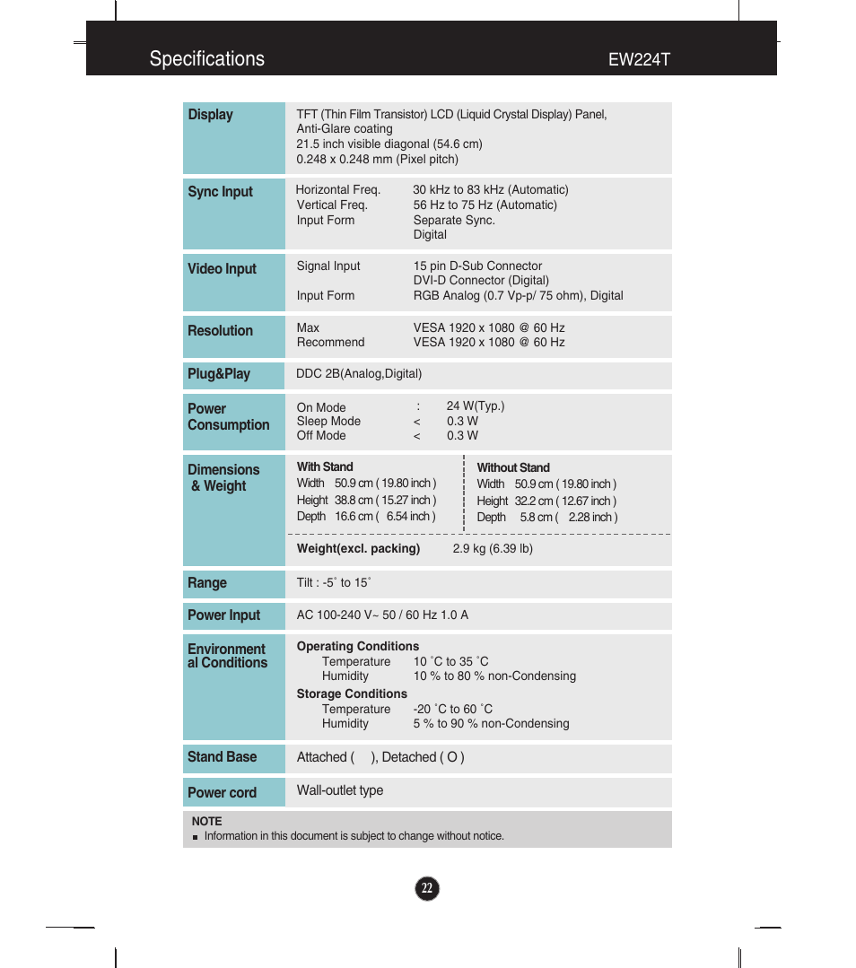 Specifications, Ew224t | LG EW224T-PN User Manual | Page 23 / 28