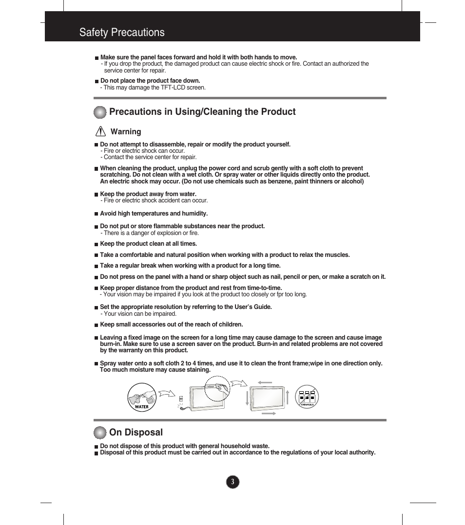 Precautions in using/cleaning the product, On disposal, Safety precautions | LG EW224T-PN User Manual | Page 4 / 28