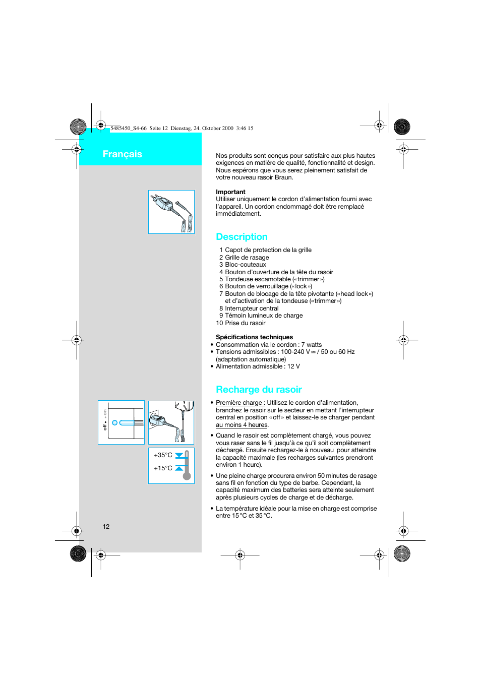 Français, Description, Recharge du rasoir | Braun 5441 Flex Integral System User Manual | Page 12 / 66