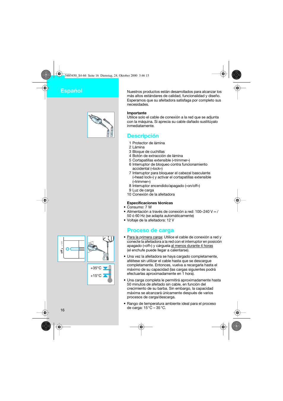 Español, Descripción, Proceso de carga | Braun 5441 Flex Integral System User Manual | Page 16 / 66