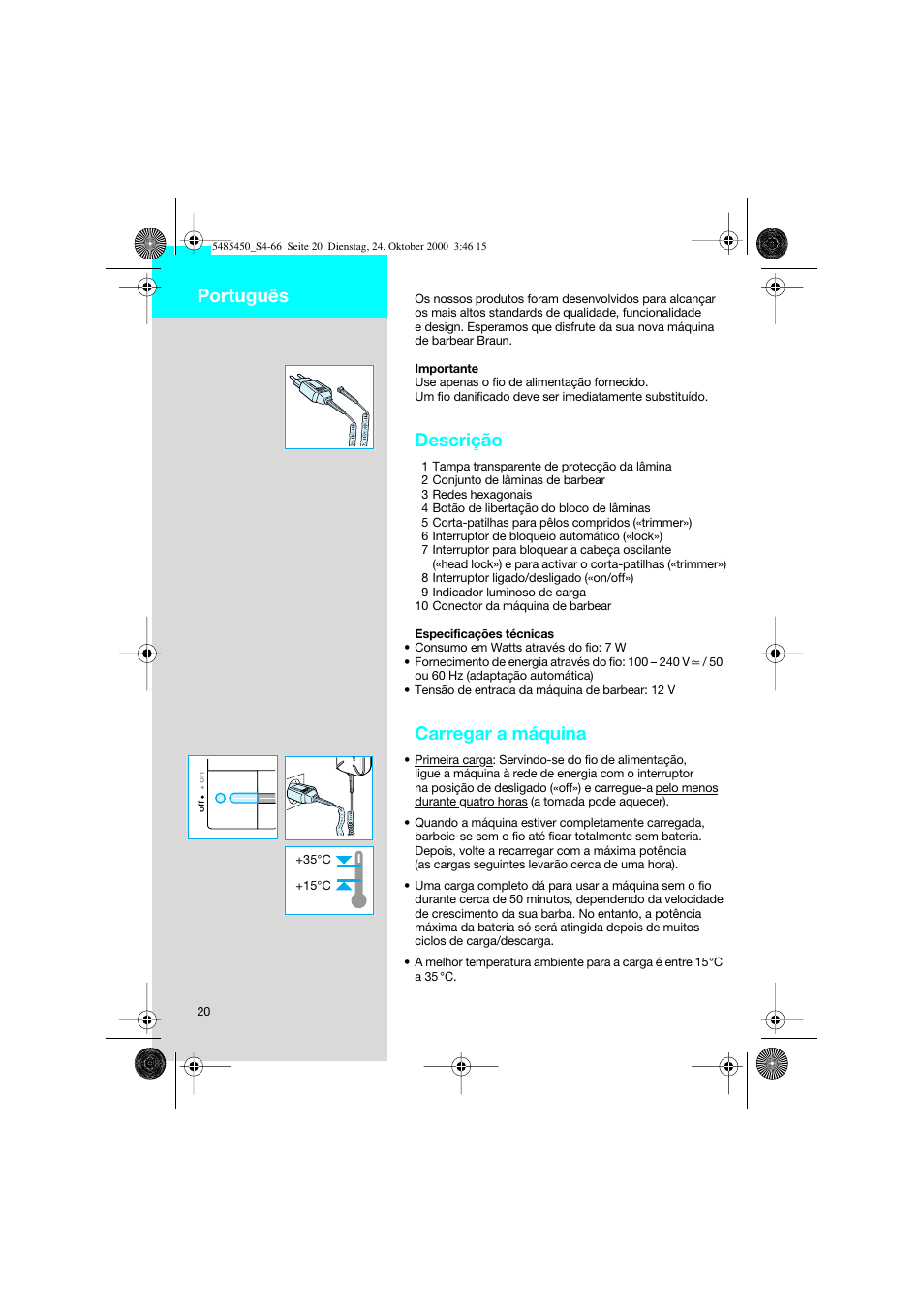 Português, Descrição, Carregar a máquina | Braun 5441 Flex Integral System User Manual | Page 20 / 66