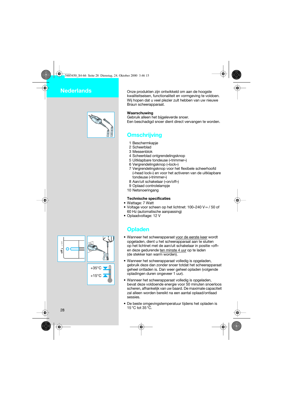 Nederlands, Omschrijving, Opladen | Braun 5441 Flex Integral System User Manual | Page 28 / 66