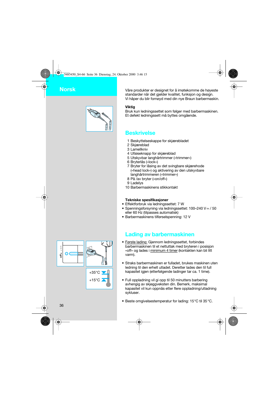 Norsk, Beskrivelse, Lading av barbermaskinen | Braun 5441 Flex Integral System User Manual | Page 36 / 66