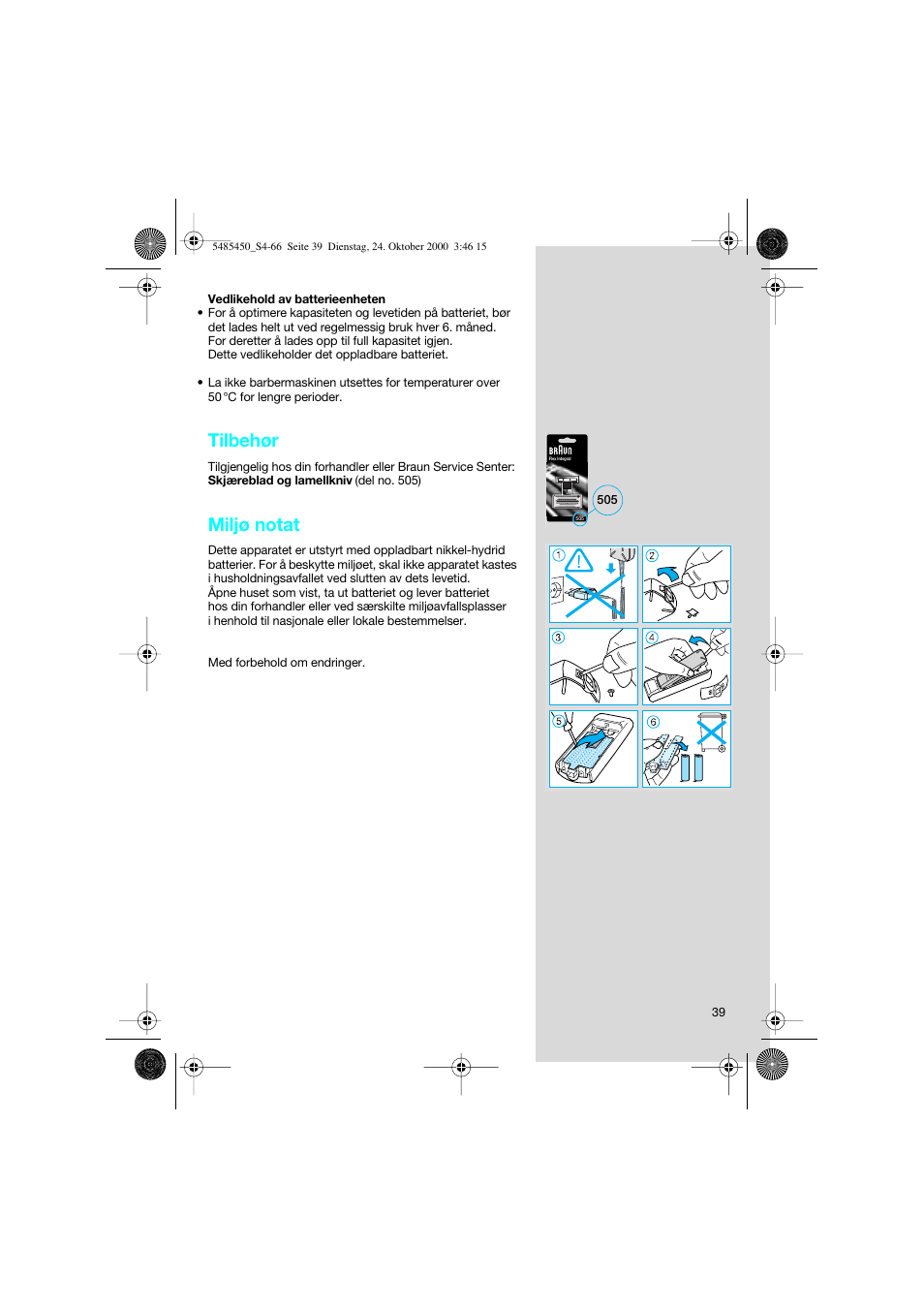 Tilbehør, Miljø notat | Braun 5441 Flex Integral System User Manual | Page 39 / 66