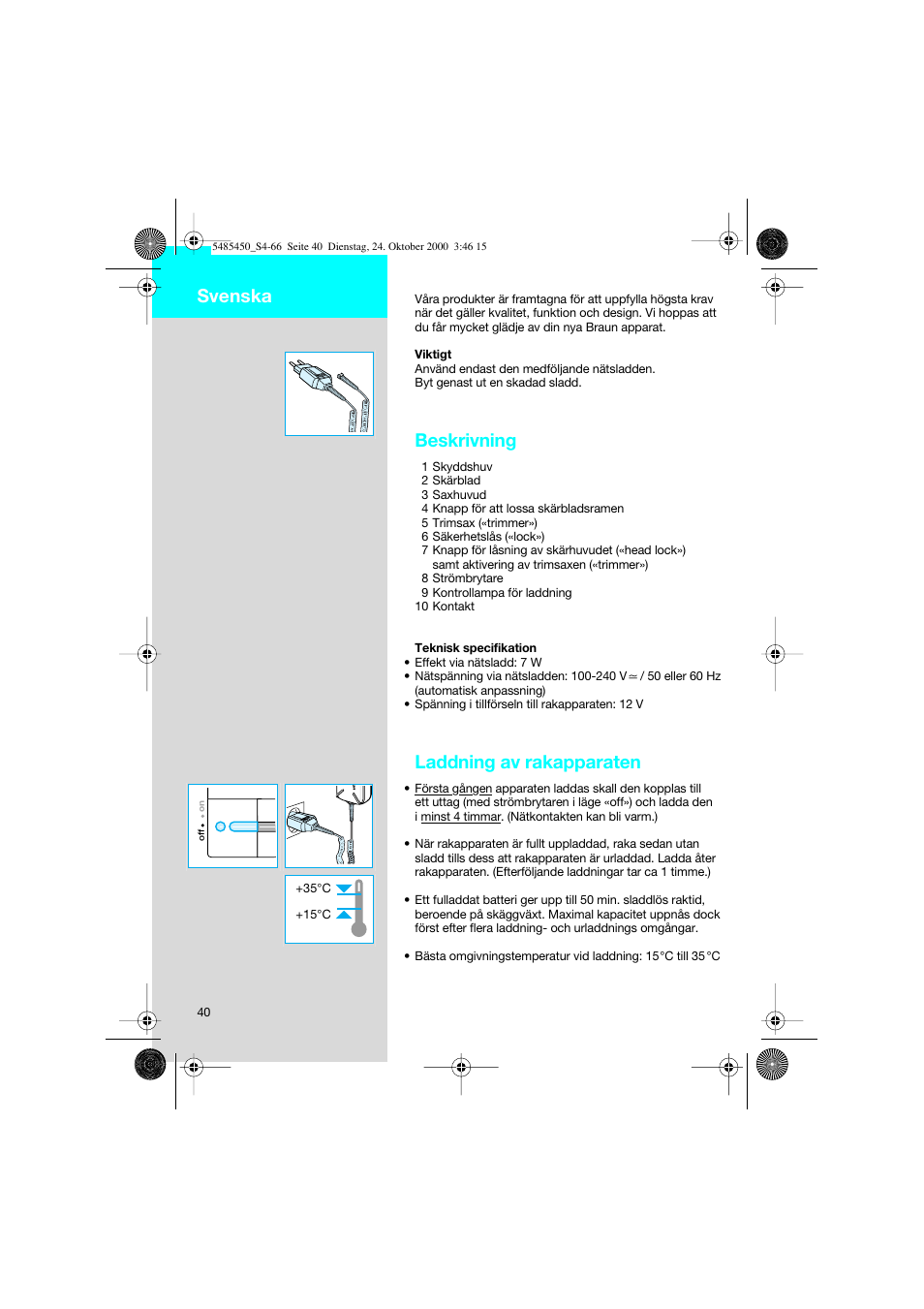 Svenska, Beskrivning, Laddning av rakapparaten | Braun 5441 Flex Integral System User Manual | Page 40 / 66