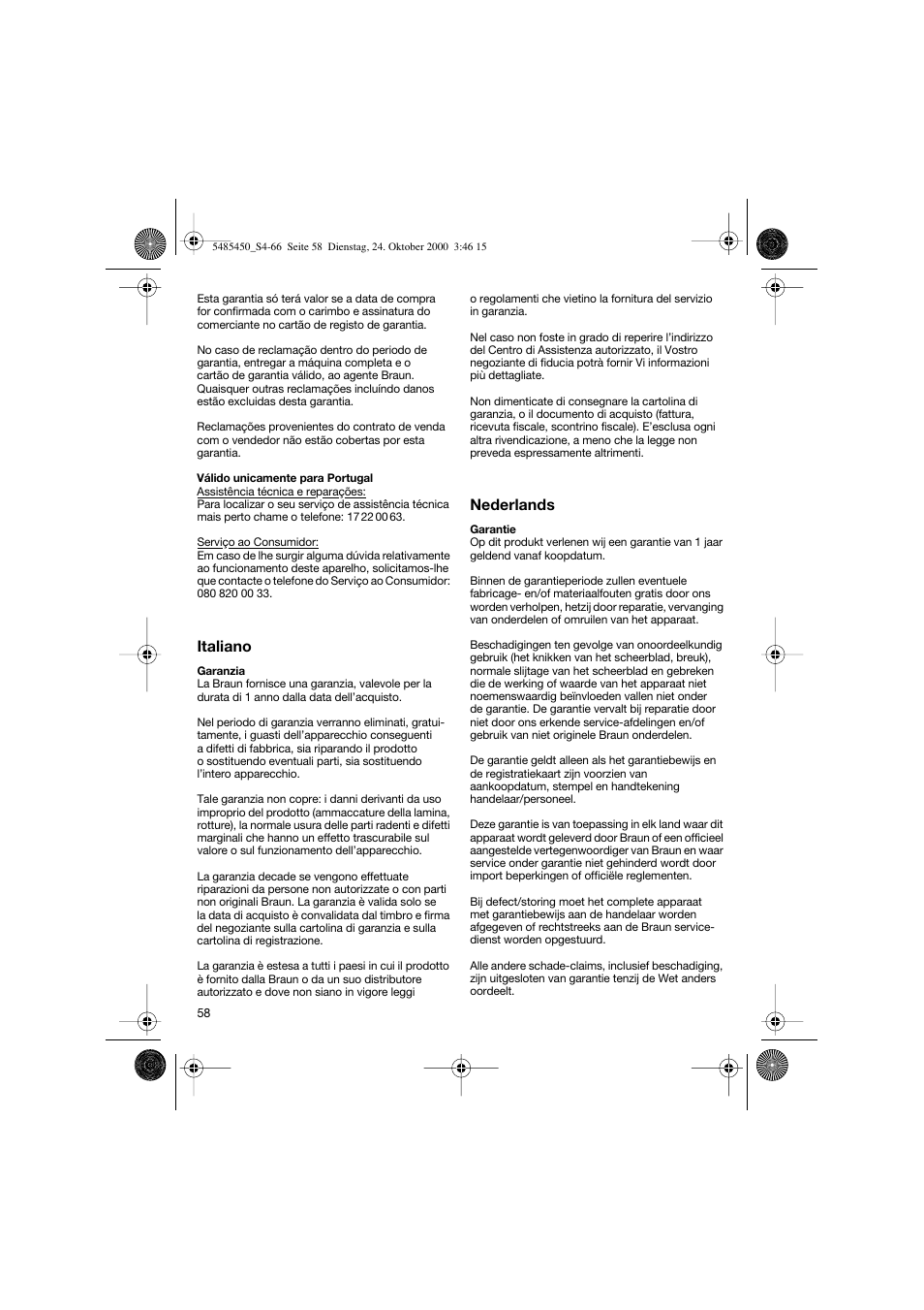 Italiano, Nederlands | Braun 5441 Flex Integral System User Manual | Page 58 / 66