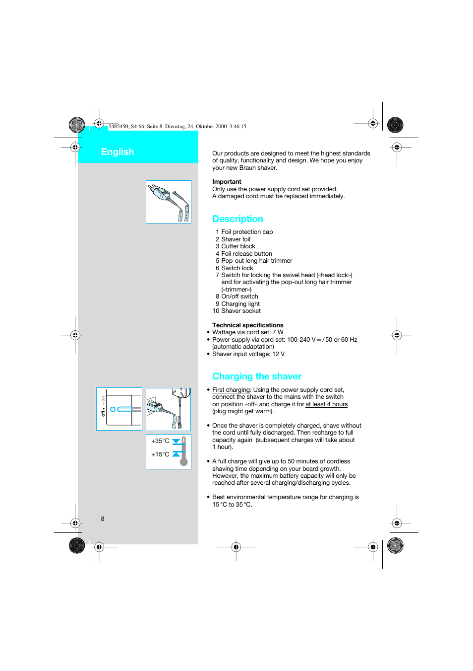 English, Description, Charging the shaver | Braun 5441 Flex Integral System User Manual | Page 8 / 66