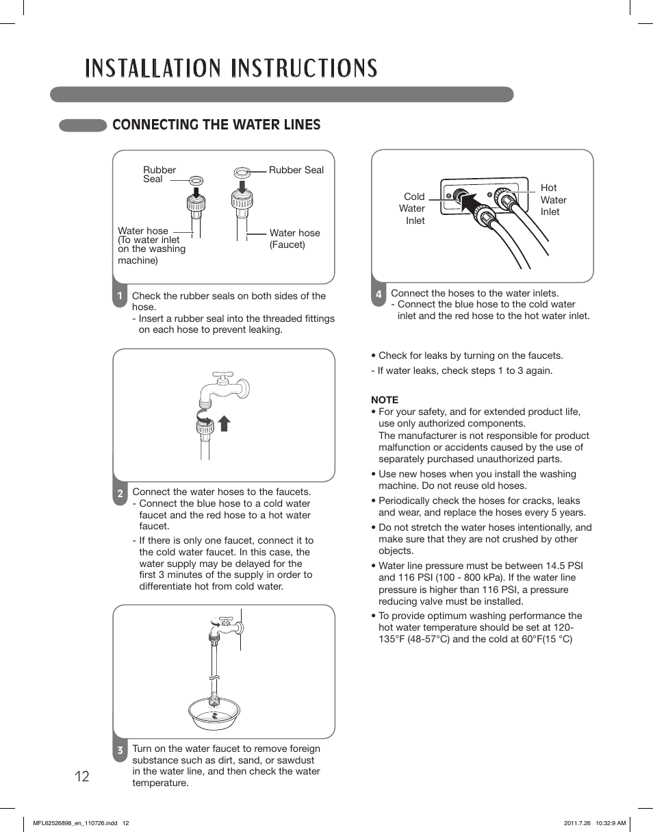 Connecting the water lines | LG WM2350HRC User Manual | Page 12 / 72