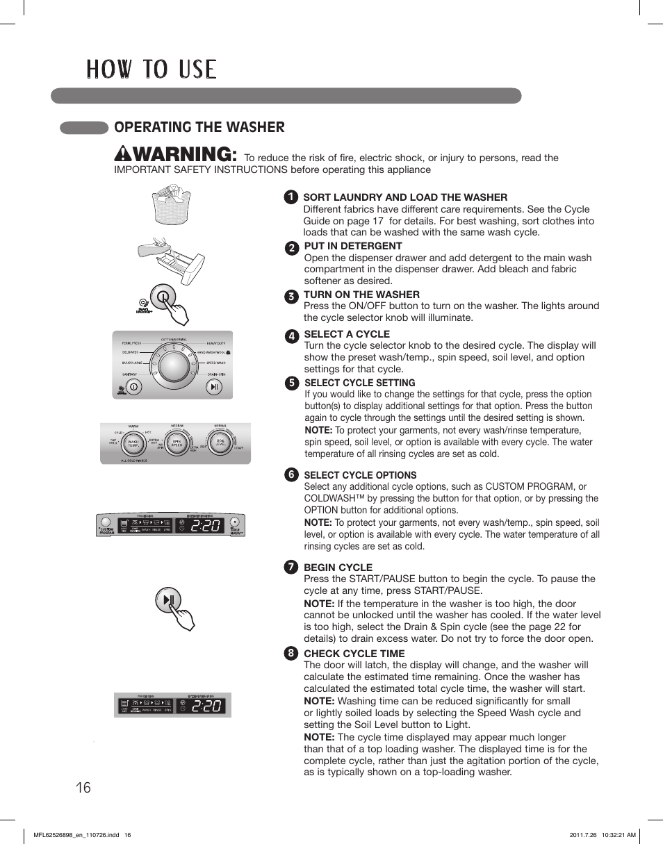 H o w to u s e, Wwarning, Operating the washer | LG WM2350HRC User Manual | Page 16 / 72