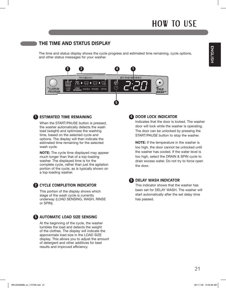 H o w to u s e, The time and status display | LG WM2350HRC User Manual | Page 21 / 72