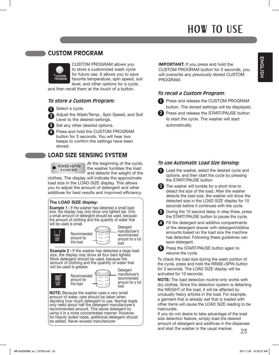 H o w to u s e, Custom program load size sensing system | LG WM2350HRC User Manual | Page 23 / 72