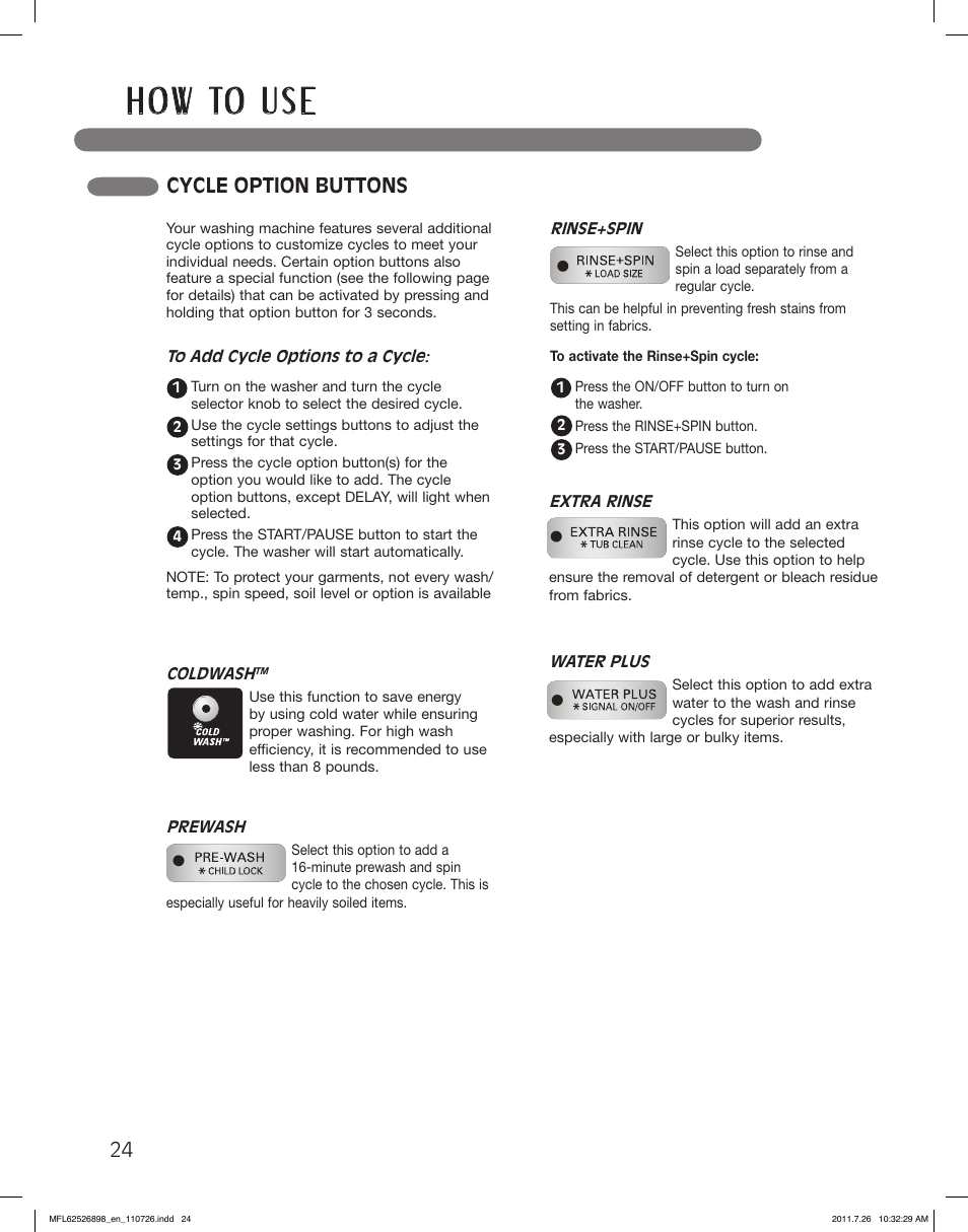 H o w to u s e, Cycle option buttons | LG WM2350HRC User Manual | Page 24 / 72