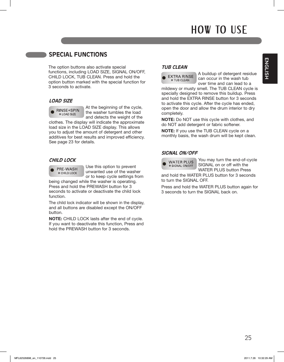 H o w to u s e, Special functions | LG WM2350HRC User Manual | Page 25 / 72