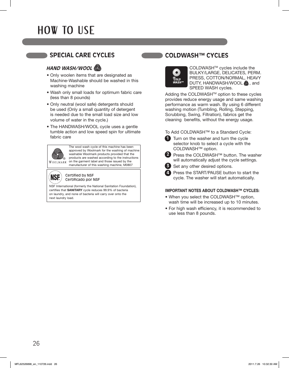 H o w to u s e, Coldwash™ cycles, Special care cycles 26 | LG WM2350HRC User Manual | Page 26 / 72