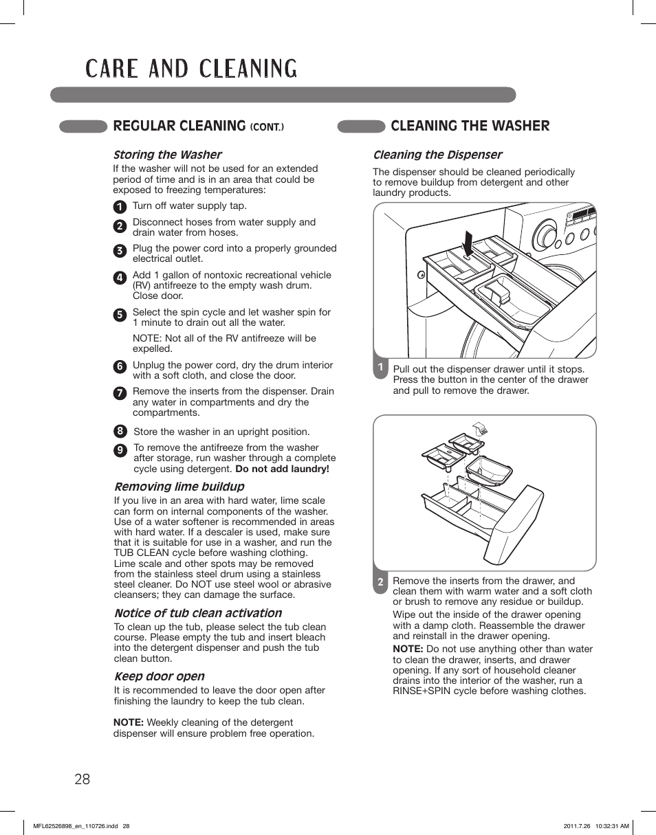 Regular cleaning, Cleaning the washer | LG WM2350HRC User Manual | Page 28 / 72