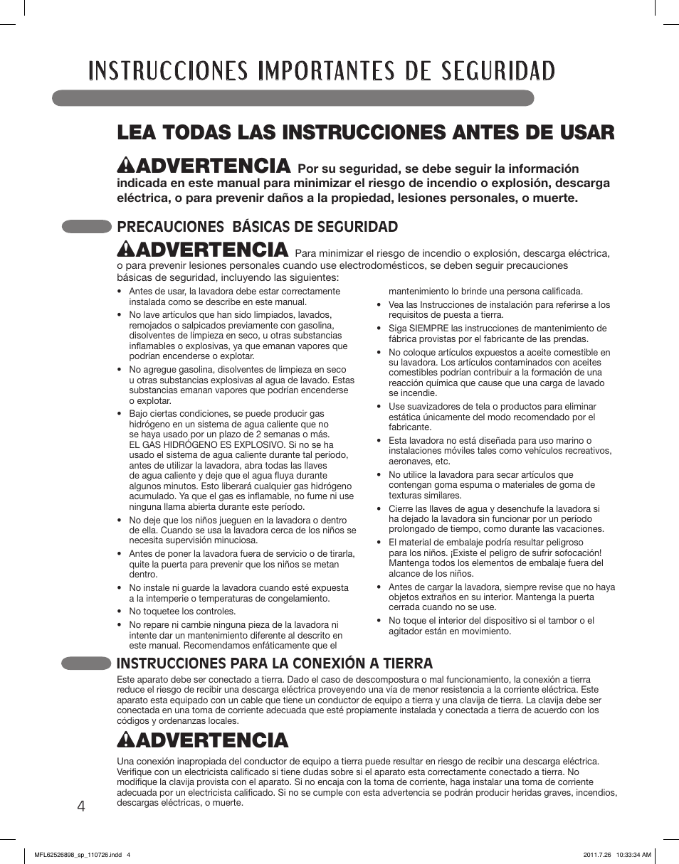 Wadvertencia, Precauciones básicas de seguridad, Instrucciones para la conexión a tierra | LG WM2350HRC User Manual | Page 40 / 72