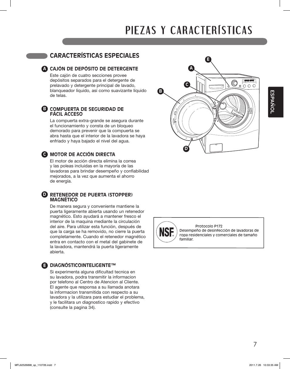 Lea todas las instrucciones antes de usar, Características especiales | LG WM2350HRC User Manual | Page 43 / 72