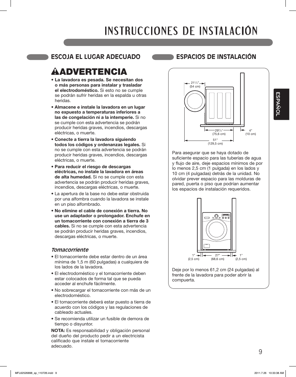 Wadvertencia, Escoja el lugar adecuado espacios de instalación, Esp añol | LG WM2350HRC User Manual | Page 45 / 72