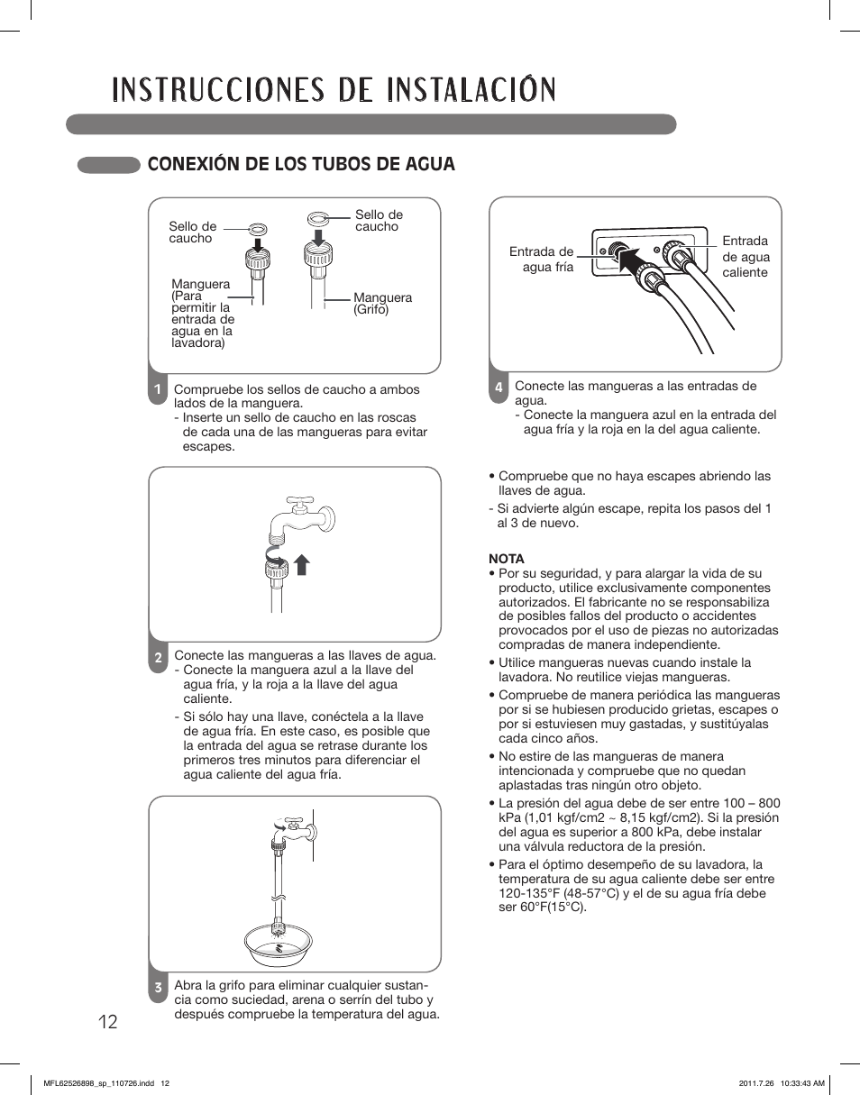 Conexión de los tubos de agua | LG WM2350HRC User Manual | Page 48 / 72