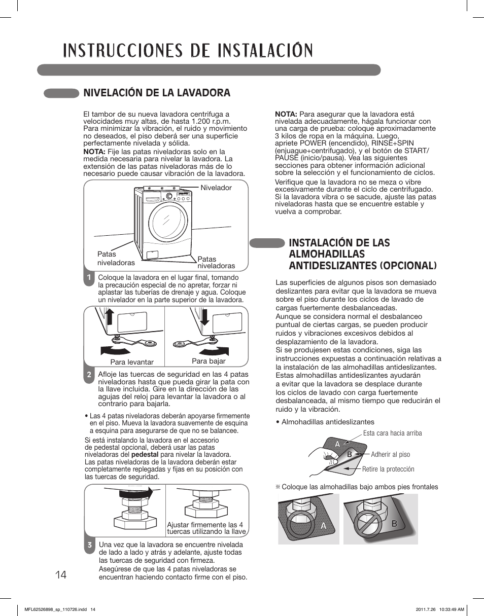 Nivelación de la lavadora | LG WM2350HRC User Manual | Page 50 / 72