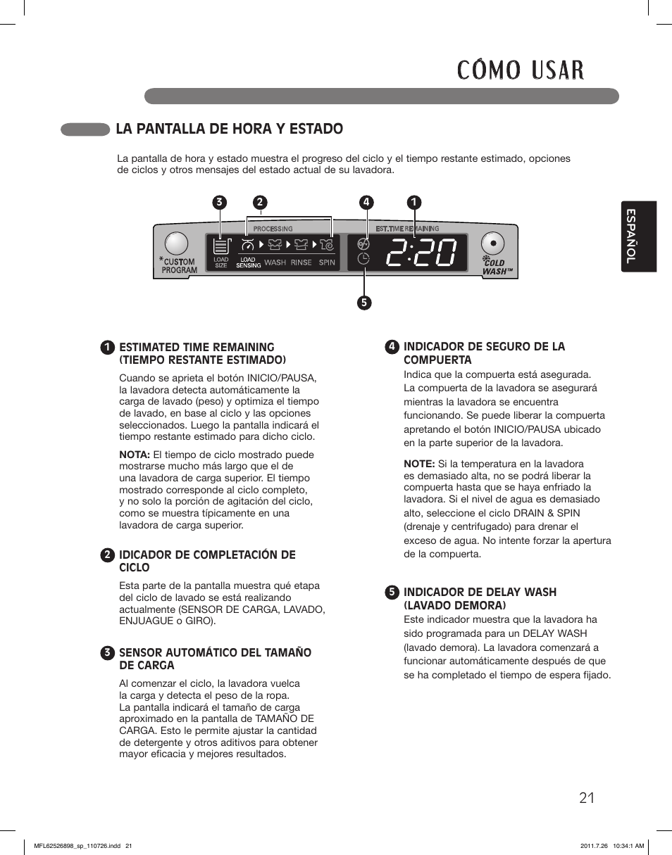 La pantalla de hora y estado | LG WM2350HRC User Manual | Page 57 / 72
