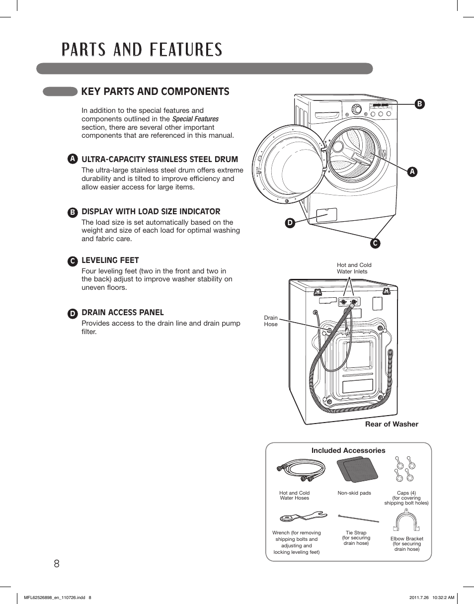 Key parts and components | LG WM2350HRC User Manual | Page 8 / 72