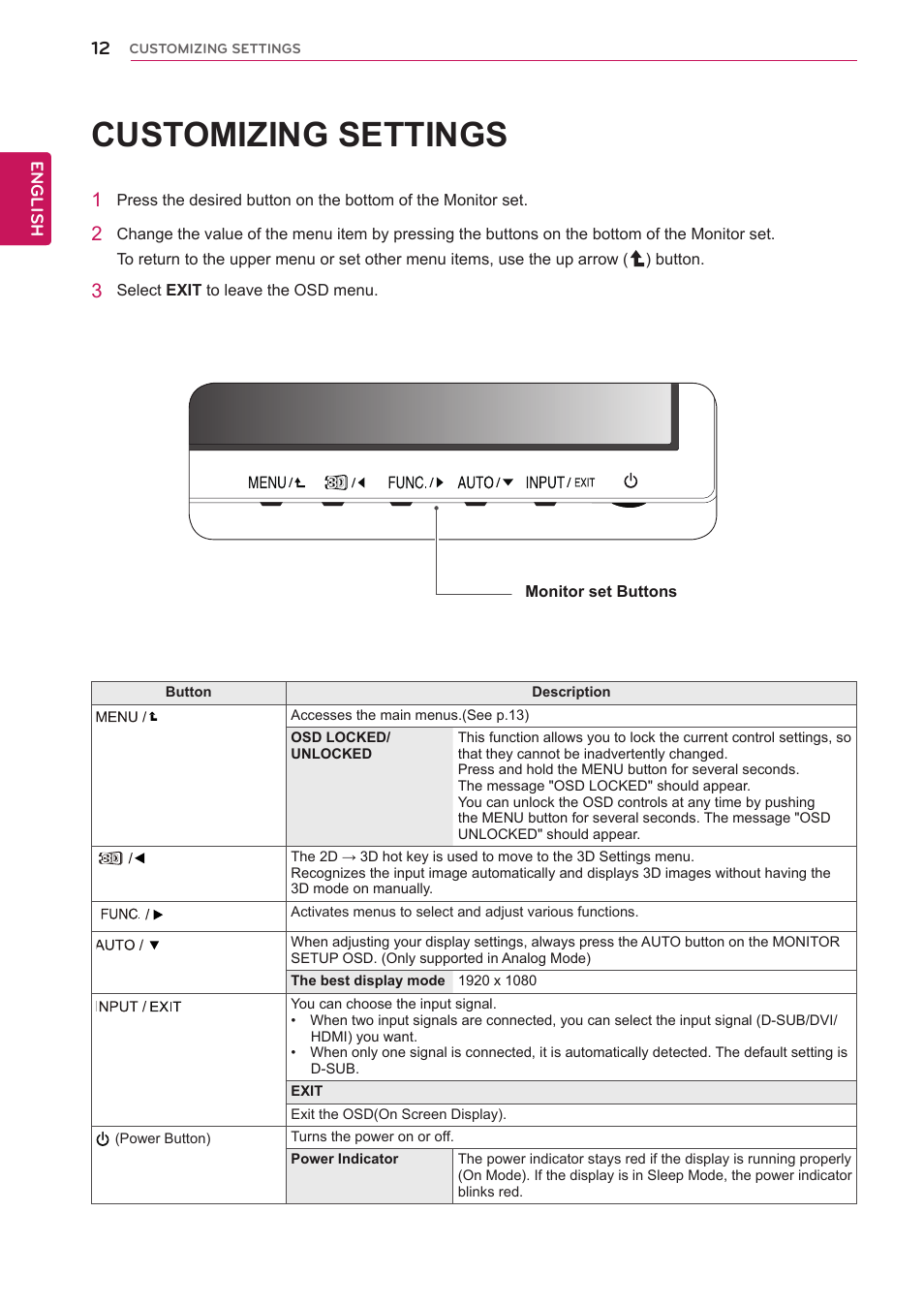 Customizing settings | LG D2343PB-BN User Manual | Page 13 / 33