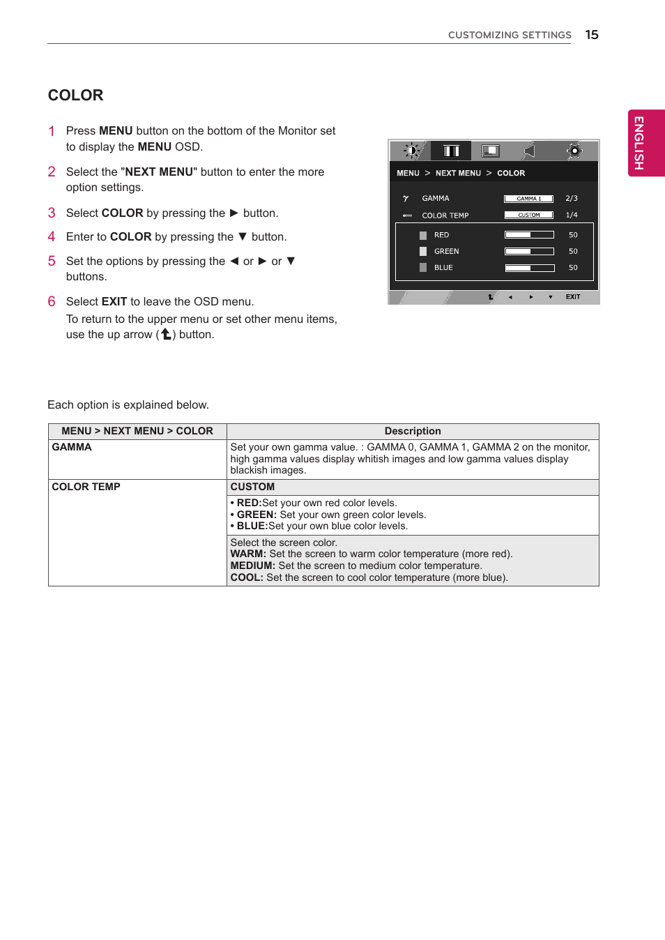 Color | LG D2343PB-BN User Manual | Page 16 / 33