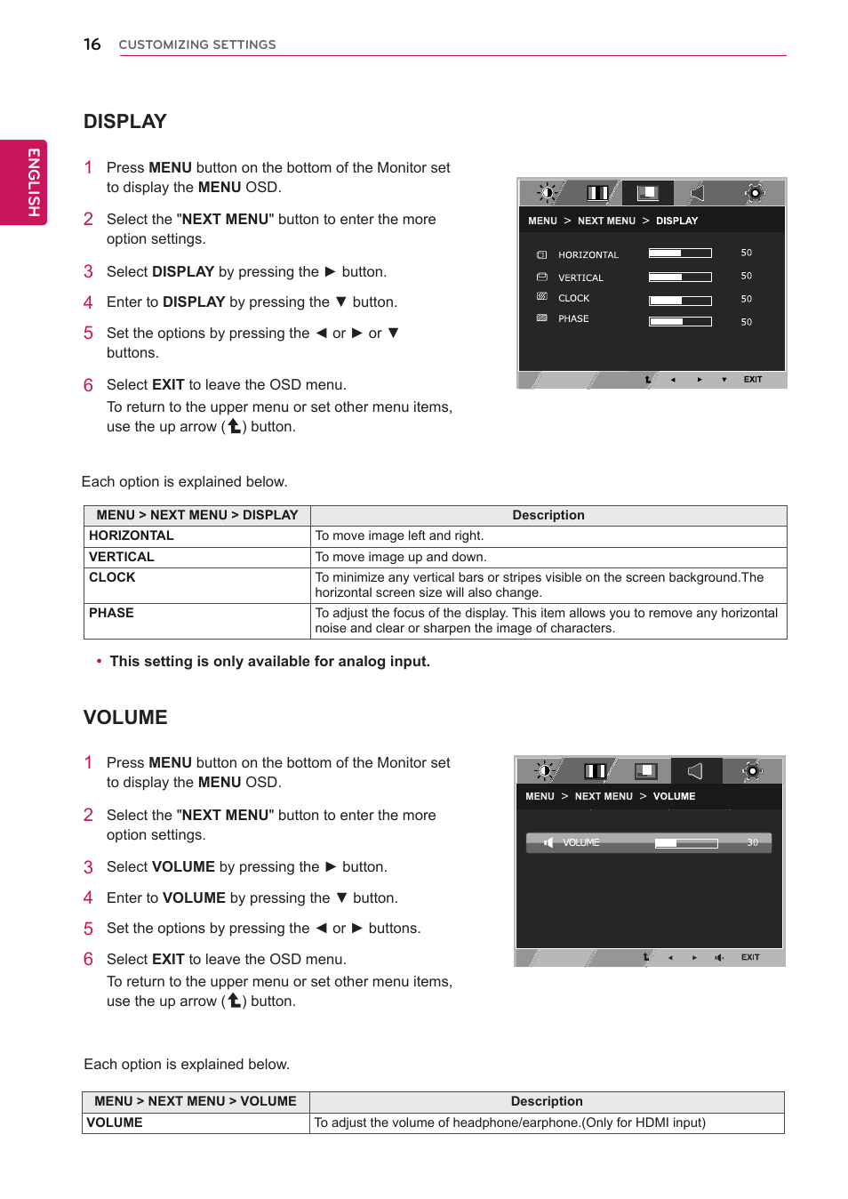 Display, Volume | LG D2343PB-BN User Manual | Page 17 / 33