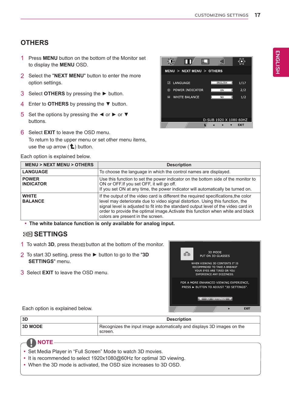 Others, Settings | LG D2343PB-BN User Manual | Page 18 / 33