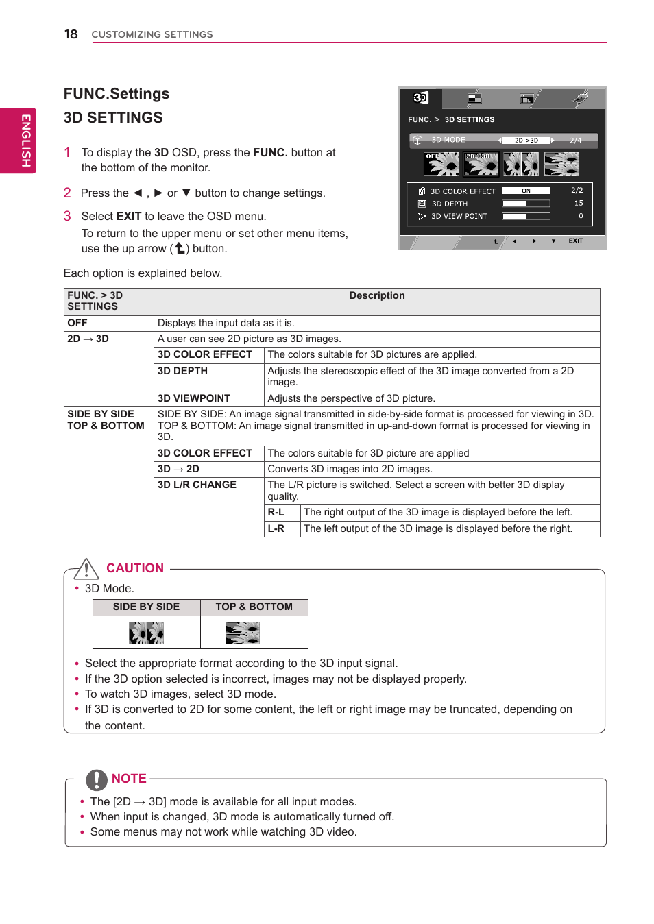 Func.settings, 3d settings, Func.settings 3d settings | LG D2343PB-BN User Manual | Page 19 / 33