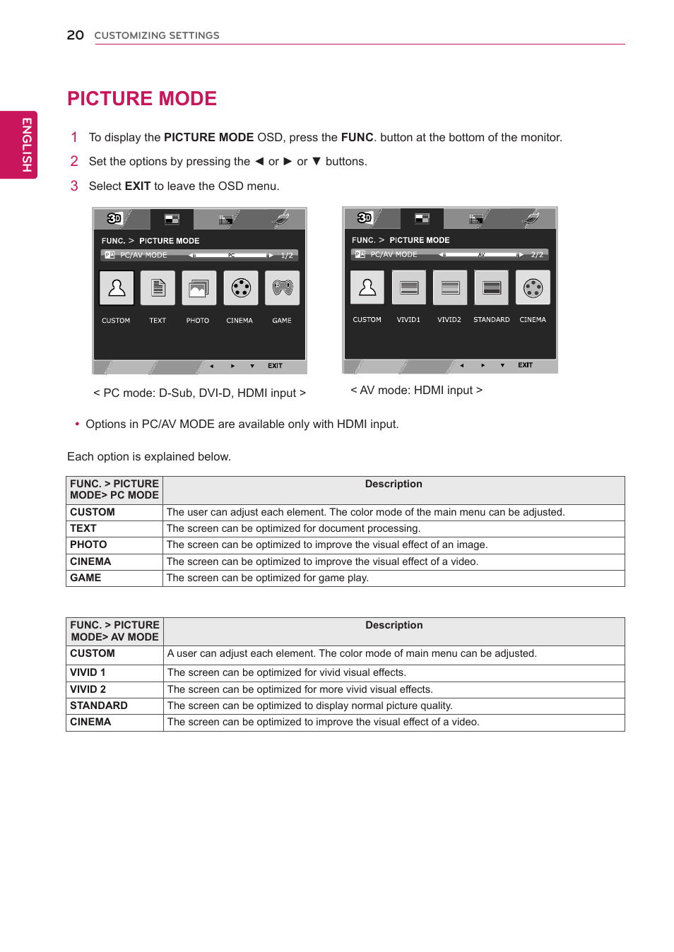 Picture mode, 20 picture mode | LG D2343PB-BN User Manual | Page 21 / 33